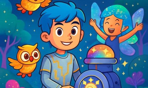 Elian, un giovane con capelli blu brillanti e occhi pieni di curiosità, si trova al centro della scena, sorridendo con determinazione. Indossa una tunica argentata decorata con circuiti dorati che scintillano sotto la luce delle stelle. Accanto a lui, Piumino, un piccolo robot-gufo dalle piume dorate, vola allegramente emettendo bip entusiasti. Lira, una giovane ragazza con capelli di pixel luminosi e ali trasparenti che cambiano colore, è leggermente sullo sfondo, alzando le braccia in segno di incoraggiamento, il suo volto radioso di eccitazione. Indossa un vestito leggero che brilla come una nebulosa. La scena si svolge sul pianeta delle Ninfe Digitali, un mondo incantato pieno di paesaggi colorati, con alberi scintillanti e fiori luminescenti che danzano al ritmo del vento. Il cielo è costellato di stelle brillanti e di una cometa che attraversa l'orizzonte. Elian e Lira collaborano per attivare una grande macchina magitecnica, una struttura brillante che mescola magia e tecnologia, emettendo lampi di luce e scintille multicolori. I loro volti esprimono concentrazione e speranza, mentre uniscono le forze per salvare la galassia da un vortice minaccioso.