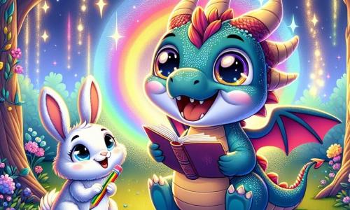 An illustration depicts a small dragon with shiny rainbow-colored scales joyfully floating in the air. Its face shows great excitement and determination as it holds an open book with its tiny claws, eyes sparkling with enthusiasm. Next to it, a small bunny with large ears and soft white fur sits on the grass, admiring the dragon. She has a warm smile and encouraging eyes, holding a colored pencil in her paws. The setting is a magical schoolyard surrounded by shimmering trees and colorful flowers, with fairy lights floating in the air, creating a joyful and welcoming atmosphere. The main scene shows the dragon and bunny sharing a reading moment together, illustrating their friendship and mutual support in learning. Other graphic elements include scattered books around them, twinkling stars in the sky, and fantastical creatures in the background applauding and encouraging the two friends in their learning adventure.