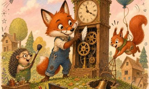 An anthropomorphic reddish-brown fox with round workshop glasses and oil-stained blue overalls smiles determinedly as it stretches a small feather between two gears of a large clock atop a grassy, flower-dotted hill; to the left a small spectacled hedgehog stands with a brush ready to wipe the dial, and to the right a red squirrel hops excitedly with a rope net and a balloon, focused on a bell fallen into a small hole beneath the clock; the scene shows a worn wooden giant clock at the center, colorful tools scattered on crates and an open toolbox, soft pink-blue gradient sky with cardboard houses and stylized trees in the background, depicting the joyful repair of an 