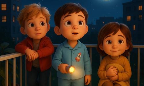Hay tres niños de 6 años en un balcón urbano por la noche: Mateo, pelo castaño corto y ojos marrones, en pijama azul claro sosteniendo una linterna con forma de pez y mirando la luna en el centro; Luis, pelo rubio alborotado y piel clara, con chaqueta roja apoyado en la barandilla a la izquierda, atento y con la cabeza hacia la calle; Dani, pelo castaño largo y sonrisa tímida, con suéter mostaza sentado en un taburete a la derecha abrazando una mantita y observando las luciérnagas; balcón con barandilla metálica blanca, suelo de madera oscura, maceta con hojas, césped abajo salpicado de luciérnagas amarillo-verdosas, edificios con ventanas cálidas, cielo estrellado y luna brillante; la linterna proyecta un cono de luz cálida sobre sus rostros, sombras suaves en la barandilla, ambiente reconfortante pero misterioso, contraste entre tonos cálidos de la ropa y la luz fría de la luna, expresiones de curiosidad y valor.