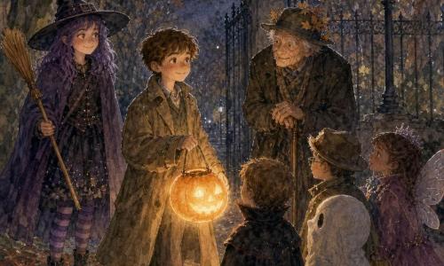Un ragazzo di 12 anni, curioso e sereno, viso tondo con lentiggini, capelli castani corti e cappotto troppo grande, tiene una lanterna-zucca arancione che illumina il volto; al suo fianco sinistro, leggermente più indietro, la sorella adolescente di circa 16 anni, birichina e protettiva, con parrucca viola e cappello da strega, osserva divertita tenendo un finto manico di scopa; vicino all’ingresso del parco un vecchio guardiano di circa 70 anni, rugoso e benevolo, con cappello ornato di foglie e bastone, è illuminato dalla lanterna; davanti al ragazzo un gruppo di bambini di 7–8 anni, eccitati ma titubanti, ammirano la luce mentre si preparano a attraversare un passaggio oscuro; il viale è fiancheggiato da platani dai tronchi scuri, un tappeto di foglie gialle e rosse, una vecchia cancellata in ferro battuto e un lampione spento, con una luna pallida che filtra tra i rami; la scena principale mostra il ragazzo che guida i più piccoli con la lanterna accesa, creando ombre morbide e riflessi arancioni che rendono l’atmosfera rassicurante e magica.