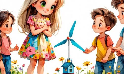 Im Zentrum des Bildes steht Mia, ein 10-jähriges Mädchen, stolz vor ihrer miniaturisierten Windmühle. Sie hat zerzauste lange blonde Haare, funkelnde grüne Augen voller Entschlossenheit und trägt ein buntes Kleid mit Blumenmustern. Ihr Gesicht strahlt Freude und Selbstvertrauen aus, während sie ihre Kreation einer Gruppe von Menschen erklärt. Neben ihr hört Tim, ein 10-jähriger Junge mit zerzausten braunen Haaren und runden Brillen, aufmerksam zu. Er trägt ein gestreiftes T-Shirt und Shorts, und sein Gesicht zeigt Bewunderung für Mia. In seiner Hand hält er ein kleines Werkzeug, bereit, ihr zu helfen, falls nötig. Die Szenerie spielt im Schulhof von Blumental, umgeben von Grün, mit blühenden Bäumen und Kindern, die neugierig um die Tische versammelt sind, um die Erfindungen ihrer Mitschüler zu entdecken. Die Szene zeigt den Moment, in dem Mia stolz ihre Maschine der Menge präsentiert, was die Gleichstellung der Geschlechter und die Kraft der Träume illustriert, während die anderen Kinder respektvoll und begeistert zuhören.