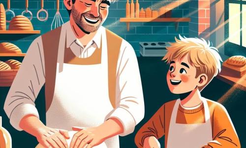 Un uomo, Marco, con un sorriso e occhi vivaci, sta impastando della pasta per il pane nella sua panetteria. Indossa un grembiule bianco, leggermente infarinato, e i suoi capelli castani sono disordinati, segno del suo entusiasmo. Accanto a lui, un ragazzo di 8 anni, Luca, con capelli biondi e guance rosate, ritaglia biscotti a forma di stelle su un tavolo di legno. Luca, tutto eccitato, guarda Marco con ammirazione. La panetteria è calda e accogliente, con muri in mattoni rossi, scaffali in legno pieni di pani dorati e dolci colorati. Raggi di sole filtrano dalla finestra, illuminando la scena con una dolce luce. In questa illustrazione, Marco e Luca sono impegnati nella preparazione del pane e dei biscotti, circondati da un profumo di farina e dolcezza, pronti a partecipare a un concorso di panetteria.