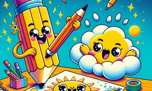 W małym, kolorowym biurze Pencil, ptak w kształcie ptaka, jest wesoły i uśmiechnięty, z jaskrawożółtym ciałem i błyszczącymi oczami, trzymając ołówek w swojej łapie, rysując duże słońce na kartce papieru. Obok niego Gumka, różowa gumka w kształcie chmury, jest entuzjastyczna i uśmiechnięta, z okrągłymi policzkami i otwartymi ramionami, gotowa dodać krople deszczu wokół słońca. Biuro jest udekorowane kolorowymi ołówkami, markerami i rozsypanymi kartkami, tworząc kreatywną i radosną atmosferę. Scena pokazuje, jak Pencil i Gumka współpracują, aby stworzyć wspólnie dzieło sztuki, symbolizujące ich przyjaźń i wspólną kreatywność.