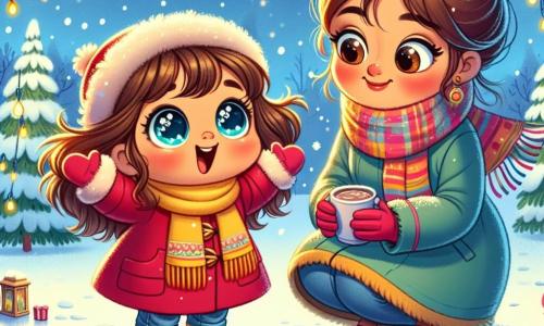 Una bambina di 3 anni, di nome Sofia, con grandi occhi brillanti e guance rosa, indossa un bel cappotto rosso e stivali da pioggia gialli. È meravigliata, sollevando le braccia verso il cielo, dove fiocchi di neve cadono dolcemente intorno a lei. Accanto a lei c'è sua mamma, una donna di circa 30 anni, con capelli castani raccolti in un chignon, che indossa un cappotto blu e una sciarpa colorata. Sorride calorosamente a Sofia, tenendo in mano una tazza di cioccolata calda, pronta a invitarla a tornare a casa. La scena si svolge in un giardino incantevole, coperto da un spesso manto di neve scintillante, con alberi i cui rami sono carichi di neve e un piccolo stagno ghiacciato che riflette il cielo blu. Sofia scopre la magia dell'inverno, meravigliata dalla neve che cade e dalle luci colorate nel cielo, mentre sua mamma la osserva con tenerezza, pronta a condividere un momento caldo dopo la loro avventura invernale.