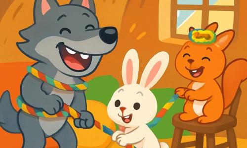 A joyful wolf with soft gray fur and sparkling mischievous eyes pulls on a long, colorful rope that wraps around him, laughing with all his white teeth. Next to him, a small bunny with big pink ears and white fur, wearing a playful smile, tries to help by pulling on her side of the rope. A red-furred squirrel, perched on a chair, wears a crown made of the rope and laughs heartily. The scene takes place in a cozy little burrow filled with colorful cushions and scattered toys, with sunlight streaming through a window. The wolf and his friends are having fun tugging on the rope, creating a joyful mess, while laughter fills the air.