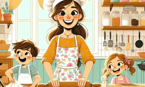 La Chef Clara es una mujer alegre de unos treinta años, con largos cabellos castaños recogidos en un moño desordenado y una gran sonrisa que ilumina su rostro. Lleva un bonito delantal de flores y un gorro de chef, mientras amasa con entusiasmo masa para pizza. A su lado, Tomás, un niño curioso de 8 años con el cabello despeinado y manchas de harina en la cara, observa maravillado a la Chef Clara, sosteniendo un rodillo en sus pequeñas manos. Un poco más lejos, Sofía, una niña de 7 años con coletas y una sonrisa traviesa, da forma a una pizza en forma de estrella, llena de ingredientes coloridos, riendo con sus amigos. La escena tiene lugar en una cocina luminosa y acogedora, con paredes pintadas de amarillo pastel, estanterías llenas de tarros de especias y una gran mesa de madera en el centro, cubierta de harina e ingredientes frescos. Ventanas dejan entrar la luz del sol, iluminando la atmósfera alegre. La situación principal muestra a la Chef Clara y a los niños preparando pizzas juntos, llenos de entusiasmo y risas, creando recuerdos inolvidables en un ambiente cálido y amigable.