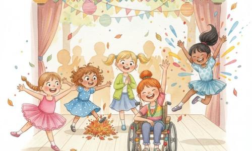 Sunt cinci fete: Ana, 9 ani, păr șaten deschis prins în codiță, tutu roz aprins, mimează alunecarea în fața scenei, stânga; Maria, 8 ani, păr brunet creț, ochi mari curioși, rochie cu buline albastre, cade teatral într-un morman de frunze, imediat în spatele Anei; Carla, 9 ani, păr blond în coadă, zâmbet larg, vestă verde lămâie, aplaudă înclinându-se spre Maria, dreapta Anei; Ioana, 8 ani, păr negru prinsc într-o coadă înaltă, energică, colanți în dungi, face un salt comic stârnind „stropi” de vopsea imaginară, la capătul drept; Sofia, 9 ani, păr roșcat prins, expresie sigură, scaun cu rotile stilizat din lemn vopsit, costum colorat cu pompoane, conduce coregrafia în centru-front, mână ridicată și mare zâmbet. Scena: mică scenă în aer liber într-un parc de primăvară, podea din lemn deschis, cortină multicoloră, ghirlande și felinare suspendate, public în siluete calde în fundal, confetti și frunze căzând ușor. Situația: cele cinci interprete execută un număr de dans-comedie la un concurs de talente — gesturi exagerate, căzături blânde transformate în gaguri coregrafiate, culori vii, mișcări dinamice și „stropi” acuarela care urmează acțiunile pentru a transmite bucurie, surpriză și camaraderie.