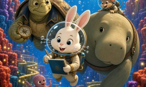 A small white rabbit in a bubble diving suit, confident and amazed with ears up and bubbled whiskers, holds a blue notebook and tiny scissors and floats at the center; behind it a wise elderly captain turtle with a cracked, map-like shell floats protectively holding an antique compass; a relieved, joyful mouse navigator in a diving suit clings to a gentle, massive beige-green dugong that guides them; background is a colorful coral garden of red, yellow and purple pillars forming a maze with silver fish, rising light particles and bubbles; scene: a peaceful rescue — the rabbit has just freed a small octopus from a net and records it, surrounded protectively by the dugong and turtle, soft underwater light and a vivid, contrasting palette.