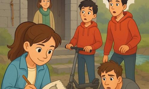 O fată de 12 ani, concentrată și curioasă, cu zâmbet discret, ochi vioi și păr șaten prins în coadă, poartă o jachetă bleu și ține un caiet de schițe și un creion, aplecată asupra unei arcade de piatră; lângă ea, un băiat de ~12 ani (Andrei), jucăuș și ușor surprins, păr scurt negru, hanorac roșu, ține o trotinetă; un adolescent de 17 ani (Radu), îngrijorat și împăcat, păr ciufulit, tricou gri, este cocoșat lângă bucăți de bronz și o cutie de scule deschisă; în spate, o bibliotecară de ~50 de ani, calmă și binevoitoare, cu eșarfă verde, privește ușurată de lângă intrarea bibliotecii; locul: o intrare în arcadă din piatră gri, trepte cu mușchi și pietriș umed, un pârâu vizibil în spate, lumină blândă de sfârșit de după-amiază; situație: copiii descoperă o clopotniță spartă și discută, în jur indicii vizibile (pene gri, urme de noroi, o bețișoară de bambus cu agrafă), atmosferă caldă de investigație, culori vii, compoziție clară și expresii empatice.