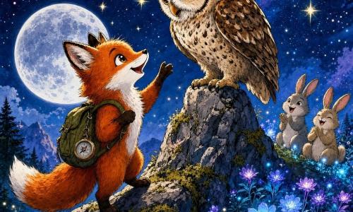 Ein kleiner roter Fuchs, staunend und fröhlich, mit rötlich-weißem Fell, glänzenden Augen, olivgrünem Segeltuch-Rucksack und hängendem Kompass, steht auf dem Gipfel mit erhobener Pfote, als wolle er die Sterne berühren; ein weiser alter Uhu mit braun-cremig gesprenkeltem Gefieder und großen goldenen Augen sitzt auf einem zentralen Felsen, blickt ruhig und wohlwollend zum Fuchs; drei verspielte Kaninchen rechts im Hintergrund, grau-beiges Fell, sitzen bei einem Teppich leuchtender Blumen und klatschen oder zucken mit den Ohren; hoher Felsgipfel mit moosigen grauen Steinen und phosphoreszierendem blau-violettem Blumenrasen, sanft leuchtend, darüber ein tiefer Nachthimmel mit hellen Sternen und einer großen silbernen Mondscheibe am Horizont; Entdeckungs- und Feierstimmung: der Fuchs hat den 