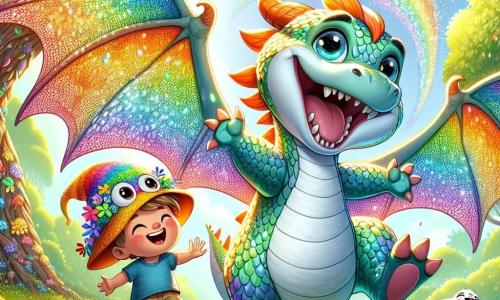 Een blije draak, met glinsterende schubben in felle kleuren als een regenboog, danst in een zonnige open plek, met een brede glimlach en sprankelende ogen van geluk. Hij heeft grote doorzichtige vleugels die glanzen in de zon en maakt pirouettes in de lucht, terwijl hij een spoor van magische glitters achterlaat. Naast hem staat Timo, een 8-jarig jongetje met een grote, kleurrijke muts die van kleur verandert afhankelijk van zijn humeur. Hij lacht luid, met zijn armen in de lucht, vol enthousiasme. Ria, een schattig konijn met grote oren, zit op het gras en tikt met haar pootjes op de maat van de dans van de draak, met een stralende glimlach. De scène speelt zich af in een groene open plek, omringd door dikke bomen met heldere bladeren, waar kleurrijke bloemen dansen in de wind. Zonne-stralen filteren door de takken en creëren lichtflitsen op de grond. De draak en zijn vrienden vieren hun nieuwe vriendschap door samen te dansen, vol vreugde en opwinding, terwijl kleurrijke vogels om hen heen vliegen en de feestelijke sfeer van deze magische dag versterken.