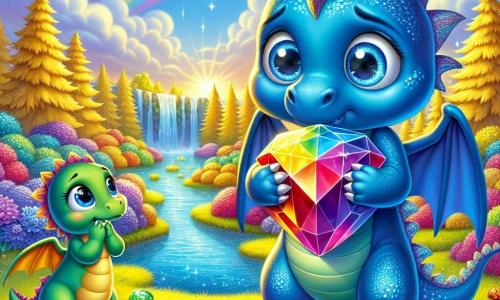 Un pequeño dragón azul con escamas brillantes y grandes alas desplegadas se encuentra al borde de un arroyo reluciente, con aire inquieto y culpable, los ojos muy abiertos, sosteniendo una hermosa gema multicolor en sus garras. A su lado, una pequeña dragona verde, con escamas brillantes y ojos llenos de curiosidad, mira la gema con sorpresa, su expresión muestra una mezcla de asombro y preocupación. El paisaje es encantador, con árboles majestuosos de hojas doradas, flores coloridas a lo largo del arroyo y un cielo azul salpicado de nubes esponjosas. Al fondo, un arcoíris brillante se extiende en el cielo, iluminando la escena con una luz mágica. La situación principal muestra al pequeño dragón, atrapado entre la tentación de mantener la gema en secreto y el miedo a ser descubierto, mientras su mejor amiga, la dragona verde, descubre su secreto y lo anima a decir la verdad.