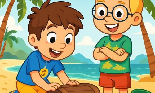 Hay 2 personajes principales: - Lucas: un niño de 8 años, con cabello castaño desordenado y ojos llenos de curiosidad. Lleva una camiseta azul con un sol sonriente y un short amarillo. Lucas está agachado, con las manos sobre una caja misteriosa, mirando con asombro. - Nico: un niño de 8 años, con cabello rubio y gafas redondas. Lleva una camiseta verde con dibujos de dinosaurios y un short rojo. Nico está al lado de Lucas, con los brazos cruzados, mostrando una gran sonrisa de emoción. La escena tiene lugar en una playa de arena dorada, bordeada de palmeras que se mueven con una suave brisa. El agua turquesa brilla bajo el sol, y conchas coloridas están esparcidas por la orilla. En el fondo, se pueden ver montañas verdes y un cielo azul salpicado de nubes blancas esponjosas. La situación principal de la historia muestra a Lucas y Nico descubriendo una caja misteriosa enterrada en la arena, rodeados de juguetes de playa y globos coloridos. Están fascinados y curiosos, listos para abrir la caja y descubrir la magia del cumpleaños de Lucas.