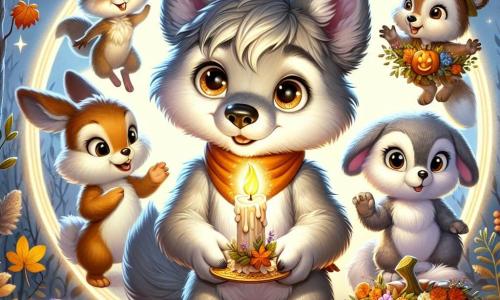 Un pequeño lobo llamado Lucas, con un suave pelaje gris y ojos brillantes de curiosidad, se encuentra en el centro de un círculo de luz, sosteniendo una vela mágica que ilumina su rostro con un resplandor dorado. Sonríe maravillado, con las orejas puntiagudas levantadas por la emoción. A su derecha, Max, un pequeño conejo de grandes orejas blancas, salta alegremente, con ojos brillantes de picardía, sosteniendo una pequeña calabaza decorada. A la izquierda, Lila, una ardilla de pelaje marrón y ojos vivos, observa fascinada, con las patas delanteras apoyadas en una rama, lista para lanzarse. Finalmente, Tito, un oso de peluche suave y redondo, se encuentra detrás de Lucas, con una mirada bondadosa y una sonrisa cálida, sosteniendo una guirnalda de hojas de otoño. El lugar es un encantador rincón del bosque, iluminado por la luz de la luna, con árboles de hojas doradas y decoraciones de Halloween flotando en el aire. La situación principal muestra a Lucas encendiendo la vela mágica, rodeado de sus amigos, mientras sombras bailan a su alrededor, revelando historias antiguas y creando una atmósfera de misterio y alegría.