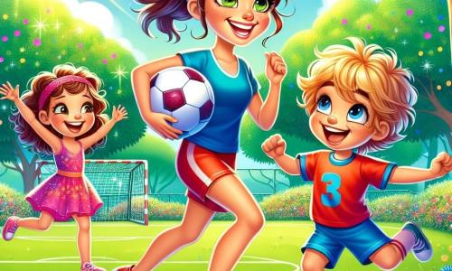 Im Mittelpunkt des Bildes steht Lisa, eine Frau in den Dreißigern, mit einem großen Lächeln im Gesicht und braunen Haaren, die zu einem Pferdeschwanz gebunden sind. Sie trägt ein buntes Fußballtrikot, Shorts und Sportschuhe und hält einen lebhaft gefärbten Fußball in der Hand. Ihr Blick strahlt Freude und Begeisterung aus, während sie die Kinder zum Spielen ermutigt. Rechts von ihr dribbelt ein kleiner Junge namens Max, 8 Jahre alt, mit zerzausten blonden Haaren und funkelnden Augen, den Ball mit einem breiten Lächeln. Er trägt ein blaues T-Shirt und rote Shorts und wirkt konzentriert und glücklich. Links von ihr springt Mia, ein 7-jähriges Mädchen mit lockigem Haar und einem rosa Stirnband, vor Freude in die Luft, nachdem sie ein Tor erzielt hat. Sie trägt ein Sportkleid und Turnschuhe, und ihr Gesicht strahlt vor Aufregung. Die Szenerie spielt in einem grünen Park mit leuchtenden Bäumen und bunten Blumen, die den Spielplatz umgeben. Der Himmel ist strahlend blau mit einigen fluffigen weißen Wolken, und die Sonne scheint, was eine fröhliche und dynamische Atmosphäre schafft. Die Hauptsituation zeigt Lisa, die den Kindern beibringt, wie man den Ball dribbelt, während Lachen und Freude in der Luft erklingen und den Teamgeist und den Spaß am Spiel verdeutlichen.
