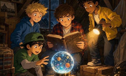 Vier jongens: Thijs (±11) bruin kort haar, geruit hemd, houdt in het midden een oud groot boek met koperen sluiting en kijkt geconcentreerd naar een glazen bol; Joris (±11) blond warrig haar, blauwe trui, links van Thijs, nerveus glimlachend en nieuwsgierig rondkijkend; Milan (±10) zwart haar, pet achterstevoren, groen T‑shirt, knielt voor een bankje waar een kleine glazen bol glanst en reikt ernaar; Amir (±11) donker krullend haar, gele jas, rechts van Thijs met een voet op een kist en een aan zaklamp die warme schaduwen werpt. Locatie: een stoffige zolder met donkere houten balken, stapels dozen, een oude gestreepte koffer, vergeelde foto’s aan de muur en een raam met regendruppels; zacht warm-oranje licht met een halo rond de bol. Hoofdscene: de jongens ontdekken een glanzende glazen bol die blauwe vonkjes uitzendt en lichtpuntjes als mini‑planeten boven zich heeft, en een groot oud boek open op een pagina met een verticale tuinstad; sfeer van verwondering en voorzichtigheid, zichtbare stofdeeltjes, zachte belichting; heldere stripstijl, strakke lijnen, warme en groene kleuren die magie en nieuwsgierigheid benadrukken.