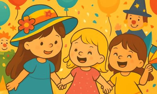 Ci sono 3 personaggi: - Luna: una ragazza di 6 anni con lunghi capelli castani, che indossa un grande cappello colorato decorato con fiori. Sorride e tiene per mano le sue amiche. - Stella: una ragazza di 5 anni con capelli biondi, vestita con un abito rosa scintillante con paillettes. Danza felicemente accanto a Luna. - Sole: una ragazza di 7 anni con capelli castani, vestita con un abito giallo vivo e tiene un ventaglio colorato. Sta facendo un gesto di danza ridendo. Le tre ragazze si trovano al centro di una scena di carnevale animata, circondate da palloncini colorati e ghirlande luminose. Sullo sfondo, personaggi in costume, come un clown con un naso rosso e un mago con un cappello a punta, contribuiscono all'atmosfera festosa. La scena principale mostra le tre amiche che giocano e danzano insieme, circondate da magia e risate, con stelle brillanti e coriandoli che cadono attorno a loro.
