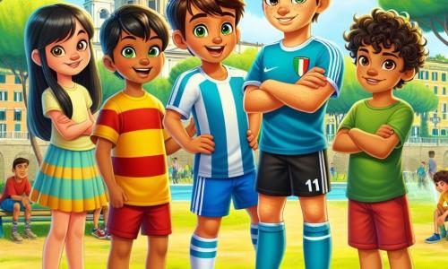 In un parco soleggiato di Roma, quattro amici sono insieme, circondati da verde e fiori colorati. Marco, un ragazzo di 11 anni con capelli bruni e occhi vivaci, indossa una maglietta da calcio blu e pantaloni neri. Matteo, con capelli castani e una gamba leggermente più corta, indossa una maglietta verde e pantaloni rossi. Samira, una ragazza di 11 anni con lunghi capelli neri, porta un vestito colorato e scarpe da ginnastica. Luca, un ragazzo alto e magro con capelli ricci, è vestito con una maglietta gialla. Il parco è pieno di alberi maestosi e risate di bambini che giocano a calcio. Marco e i suoi amici affrontano un gruppo di ragazzi più grandi che prendono in giro Matteo. Marco spiega con coraggio l'importanza del rispetto e dell'amicizia, mentre gli altri bambini ascoltano attentamente.