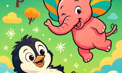 Un piccolo pinguino di nome Piumino, con una pancia rotonda e piume nere e bianche arruffate, guarda con occhi spalancati e un sorriso meravigliato. È sdraiato su un pavimento di ghiaccio che brilla come stelle, circondato da fiocchi di neve scintillanti. Accanto a lui, un elefante rosa con grandi ali colorate, dall'aria gioiosa e curiosa, si appresta a fargli l'occhiolino. Si tiene su una zampa, fluttuando leggermente nell'aria, mentre Piumino si rialza, sorpreso e divertito. Il paesaggio è un mondo fantastico con un cielo verde brillante, nuvole a forma di caramelle e alberi con radici sospese. Il terreno è coperto di neve scintillante che emana un profumo di popcorn. La scena principale mostra Piumino che, dopo aver starnutito, scopre di essere caduto in questo mondo bizzarro, ridendo insieme al suo nuovo amico elefante, pronti a esplorare questa realtà magica e stravagante.