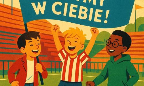 Troje chłopców (ok. 10 lat): chłopiec po lewej, krótkie brązowe włosy, czerwona kurtka i dżinsy, trzyma lewą stronę dużego niebieskiego transparentu z białymi literami, podskakuje z radości; środkowy chłopiec, rozczochrane blond włosy, pasiasta koszulka piłkarska, ręce w górze, szeroko uśmiechnięty po strzeleniu gola; chłopiec po prawej, czarne włosy, okrągłe okulary, zielona bluza, trzyma prawą stronę transparentu i patrzy dumnie na kolegę; miejsce: mały osiedlowy stadion z czerwonymi trybunami, zielonymi barierkami, żywo zieloną trawą i kolorowymi flagami; atmosfera: jasne niebo, niskie słońce, ciepłe światło i długie cienie; główna sytuacja: trzymają ręcznie malowany transparent 