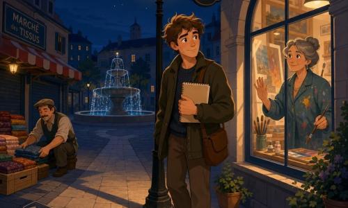A young man in his twenties with a gentle, attentive face, tousled brown hair, a dreamy look and shy smile stands under a warm lamp post halo holding a small beige sketchbook to his chest and a thin pale paper bill in his hand; an about-50-year-old woman artist with gray hair in a bun and a paint-stained jacket stands behind a brightly lit studio window to his right, smiling and with a hand on the glass; a fortyish market vendor, crouched at left in the background, folds colorful fabrics and stacks crates with quick hands; the scene is a quiet nighttime street corner with gray slab pavement, a round fountain glittering in the back, closed market stalls to the left, a lit studio window to the right, a deep blue night sky and a pale moon; the boy is centered beneath the lamp halo, facing three visible paths (to the fountain, the studio window, the market), hesitant but curious, clutching the sketchbook and bill, in a soft, inviting atmosphere with soothing colors, long shadows and simple contrasts.