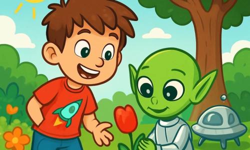 Een 10-jarig jongetje, Tim, met rommelig bruin haar en nieuwsgierige ogen, staat in zijn tuin met een grote glimlach op zijn gezicht. Hij draagt een rode t-shirt met een raketafbeelding en een spijkerbroekshort. Naast hem staat een klein groen buitenaards wezen genaamd Zog, met grote ronde ogen en een gladde huid, dat verwonderd naar de wereld om zich heen kijkt. Zog heeft puntige oren en draagt een glanzend zilveren pak. De tuin is gevuld met kleurrijke bloemen, met een grote eik in het midden, en de zon schijnt in een helderblauwe lucht. Op de achtergrond staat een klein zilveren ruimteschip voorzichtig op het gras, schitterend in de zonnestralen. De scène toont Tim en Zog die verwonderd naar een rode tulp kijken, terwijl Zog een kleine bloem in zijn handen houdt en Tim enthousiast uitlegt. De sfeer is vrolijk en vol ontdekkingen, wat hun opbloeiende vriendschap en de verwondering van verkenning illustreert.