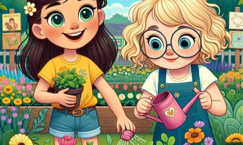 Een 11-jarig meisje, Lotte, met lang bruin haar en sprankelende ogen, is bezig met het planten van zaden in een kleurrijke moestuin. Ze draagt een felgele t-shirt en een spijkerbroekshort, met een grote glimlach op haar gezicht, vol enthousiasme en opwinding. Naast haar staat Lisa, een ander 11-jarig meisje met krullend blond haar en ronde bril, die voorzichtig de jonge planten watergeeft met een roze gieter. Ze heeft een geconcentreerde en blije uitstraling, terwijl ze dit moment van vriendschap met Lotte deelt. De achtergrond is een prachtige gemeenschappelijke tuin, vol met rijen schitterende bloemen, groene groenten en houten borden versierd met kindertekeningen. De lucht is blauw met enkele witte wolken, en vogels zingen in de omringende bomen. De scène toont Lotte en Lisa die samen in de aarde werken, wat vriendschap en de vreugde van de zomer symboliseert, omringd door de schoonheid van de natuur en de gemeenschapsgeest.