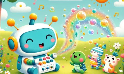 A little robot named Zippy, with round, shiny blue eyes, is joyfully laughing while pressing a button on his colorful machine that emits sparkling bubbles. Next to him, Pip, a soft-shaped green cloud, bursts into laughter, her little arms floating in the air as she spins around. Tilly, a smiling striped turtle, is sitting under a large tree, her eyes sparkling with happiness as she claps in time with the music of the little mice dancing around them. The setting is a sunny meadow dotted with multicolored flowers, with a light blue sky and fluffy clouds. The scene captures the magical moment when Zippy's machine creates bubbles that transform into colorful fish, filling the air with laughter and surprises.