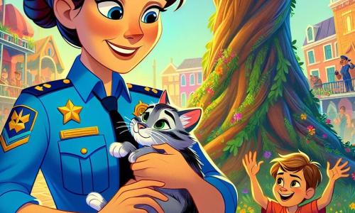 A sargento Clara é uma mulher corajosa com cabelos castanhos presos em um coque, vestindo um uniforme azul vivo adornado com uma estrela dourada no peito. Ela tem um sorriso caloroso e olhos brilhantes de determinação, segurando um pequeno gato cinza em seus braços, olhando-o com ternura. Ao lado dela, Lucas, um garoto de seis anos com cabelos loiros bagunçados e olhos brilhantes de excitação, aplaude alegremente. Ele usa uma camiseta vermelha e um short azul, posicionado perto da base da árvore, com os braços levantados em sinal de encorajamento. A cena ocorre em uma charmosa praça da cidade, cercada por prédios coloridos e flores vibrantes, com uma grande árvore no centro, cujos galhos se estendem amplamente, onde o gato estava preso. A situação principal mostra Clara, a sargento, salvando o gato preso na árvore, enquanto Lucas, maravilhado, observa e aplaude, criando uma atmosfera alegre e cheia de aventura.
