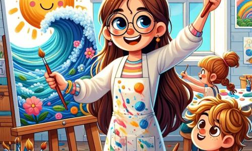 Uma artista chamada Sofia, com longos cabelos castanhos e óculos redondos, sorri alegremente segurando um grande pincel colorido. Ela usa uma blusa branca manchada de tinta e está diante de uma tela repleta de cores vivas, mostrando uma bela onda azul. Ao lado dela, Lucas, um garoto de 8 anos com cabelos loiros bagunçados, levanta os braços orgulhosamente mostrando seu desenho de um sol amarelo brilhante. Maria, uma menina de 7 anos com tranças castanhas, está inclinada sobre sua folha, concentrada em desenhar uma grande árvore verde, seus olhos brilhando de criatividade. O local é um estúdio de arte iluminado, com paredes brancas e janelas que deixam entrar a luz do sol. Potes de tinta colorida estão espalhados sobre uma mesa de madeira, e obras de arte estão penduradas nas paredes, criando uma atmosfera alegre e inspiradora. A cena principal mostra Sofia ensinando as crianças a pintar, enquanto elas se divertem criando suas próprias obras de arte, preenchendo o estúdio com risos e cores vibrantes.