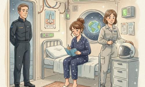 Una mujer, Estrella, joven astronauta sonriente y concentrada, cabello castaño recogido en un moño suelto, vestida con un pijama azul noche con pequeñas estrellas, sentada en su cama de metal escribiendo en una pequeña bitácora de tapa azul; Nerea, ingeniera de unos 35 años de mirada benevolente, con ropa de trabajo gris claro, sostiene una linterna y revisa suavemente el casco sobre la cómoda, junto a la puerta a la derecha de Estrella; el capitán Rojas, un hombre de unos 45 años, de figura erguida y uniforme oscuro con insignia, está en el marco de la puerta a la izquierda observando con tranquila orgullo; la cabina espacial tiene paredes crema con paneles metálicos, una ventana circular que muestra la Tierra, indicadores verdes y cables ordenados, una alfombra gastada y un póster de una lanzadera; momento de preparación serena antes del despegue, con luz cálida de lámpara, páginas de la bitácora abiertas y el casco listo, atmósfera de espera cálida y estudiada.