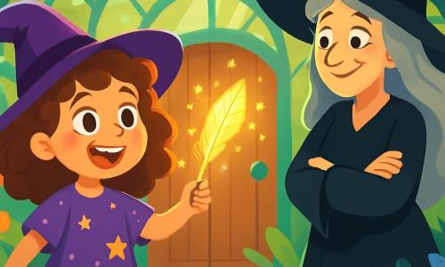 Clara, una giovane apprendista strega di sette anni, ha grandi occhi curiosi e capelli ricci, vestita con un abito viola decorato con stelle scintillanti. Esprime una gioia meravigliata, tenendo una penna magica che brilla. Accanto a lei, Antonia, una strega di circa sessant'anni con capelli grigi e un lungo abito nero, osserva Clara con un sorriso benevolo, le braccia incrociate in un gesto di incoraggiamento. La scena si svolge in una serra magica, piena di piante colorate che sembrano danzare al ritmo di una dolce melodia. Clara è davanti a una grande porta di legno, pronta a lanciare la sua prima incantesimo, mentre Antonia la incoraggia a credere nei suoi sogni. L'aria è carica di magia ed eccitazione, e l'ambiente vibrante di colori evoca un mondo fantastico dove tutto è possibile.