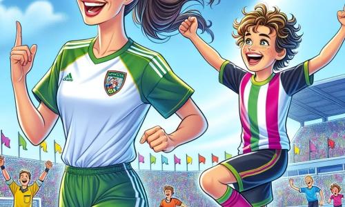 No centro da imagem, Laura, uma mulher esportiva de cerca de trinta anos, celebra um gol marcado no campo de futebol. Com cabelos castanhos presos em um rabo de cavalo e um sorriso radiante, ela veste uma camiseta colorida de sua equipe, com um short e tênis. Seus braços estão levantados em sinal de vitória, e seus olhos brilham de alegria e orgulho. Ao seu lado, Miguel, um garoto de 10 anos com cabelos cacheados e muita energia, salta de alegria. Ele usa uma camiseta de futebol e um short, com um sorriso brilhante, correndo em direção a Laura para parabenizá-la. Ao fundo, o campo de futebol é verde, cercado por espectadores entusiasmados que aplaudem e incentivam a equipe. O céu é azul com algumas nuvens brancas, e bandeiras coloridas flutuam ao redor, criando uma atmosfera festiva. A cena retrata Laura e Miguel celebrando juntos após um gol decisivo, refletindo a alegria e o espírito de equipe, com crianças e pais aplaudindo, gerando um clima de camaradagem e felicidade.