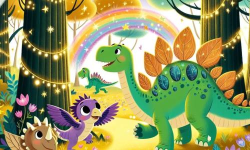 Un estegosaurio llamado Esteban, con piel verde brillante y placas en forma de pequeños espejos en su espalda, expresa una gran curiosidad y asombro mientras explora un hermoso bosque mágico. A su lado, Violeta, un velociraptor de plumas violetas y ojos chispeantes, salta de alegría al descubrir flores luminosas. Tomás, un triceratops con tres grandes cuernos y piel beige, sonríe al admirar un gran árbol de hojas doradas. El lugar es un bosque encantado, donde los árboles son altos y majestuosos, adornados con hojas coloridas, y donde luces centelleantes bailan en el aire. La situación principal muestra a Esteban y sus amigos descubriendo un brillante arcoíris que los invita a entrar en un mundo de sueños y aventuras.