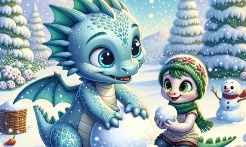 Ein kleiner Drache namens Flixi mit hellblauen Schuppen und strahlenden Augen baut einen Schneemann in einem verschneiten Garten. Er lächelt breit mit ausgebreiteten kleinen Flügeln, während er eine große Schneekugel rollt. Neben ihm hilft seine Mama-Drache mit grünen Schuppen und einem sanften, warmen Ausdruck, indem sie Details zum Schneemann hinzufügt. Sie beugt sich leicht vor, hält eine Karotte für die Nase des Schneemanns und schaut stolz zu Flixi. Der Ort ist ein magischer Garten, bedeckt mit einer dicken Schicht funkelnden Schnees, mit schneebedeckten Bäumen und einem hellblauen Himmel, der mit weißen, baumwollartigen Wolken übersät ist. Die Hauptsituation zeigt Flixi und seine Mama, die gemeinsam einen fröhlichen Schneemann erschaffen, voller Aufregung und Lachen, während sanfte Schneeflocken um sie herum fallen.