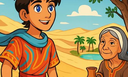 Samir, een jonge man met ogen die schitteren als saffieren, staat op de rand van een uitgestrekte duin van gouden zand. Zijn gezicht straalt verwondering en vastberadenheid uit, met een lichte glimlach die zijn door de zon gebruinde gezicht verlicht. Hij draagt een lichte tuniek van kleurrijke stof, die zachtjes in de warme woestijnwind wappert. Dichtbij zit een oude vrouw met een rimpelig en wijs gezicht, ongeveer zeventig jaar oud, onder een olijfboom. Ze heeft zilverachtig haar en draagt een eenvoudige jurk versierd met traditionele patronen. Ze kijkt vriendelijk naar Samir terwijl ze een kruik water vasthoudt, klaar om hem een verfrissing aan te bieden. De achtergrond toont een uitgestrekt landschap van zandduinen onder een stralende blauwe lucht met enkele witte, donzige wolken. Aan de horizon staan palmbomen rond een schitterende oase, waar het water glinstert onder de zonnestralen. Samir is vastbesloten om zijn zoektocht voort te zetten terwijl hij zich voorbereidt om de mysterieuze oase te verkennen, met de oude vrouw als getuige van zijn avontuur.