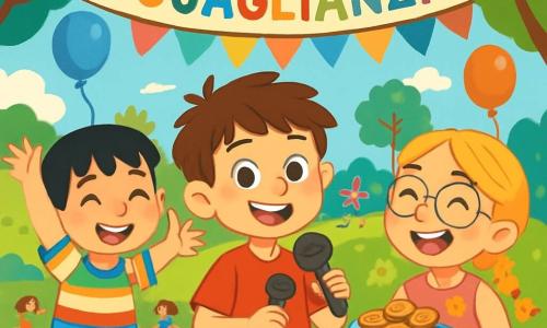 Ci sono 3 personaggi: Matteo, un ragazzo di 8 anni con capelli castani disordinati e occhi curiosi, indossa una maglietta rossa e pantaloni blu, è al centro sorridente con un microfono in mano; Leonardo, un ragazzo di 8 anni con capelli neri e frangia, indossa una camicia a righe multicolori e pantaloni verdi, si trova a sinistra di Matteo sorridendo e sollevando le braccia come se stesse festeggiando; Giulia, una ragazza di 8 anni con capelli biondi intrecciati e occhiali rotondi, indossa un vestito rosa con fiori, è a destra di Matteo con un piatto di biscotti ridendo felicemente. La scena è ambientata in un parco soleggiato con fiori colorati e alberi verdi, sullo sfondo c'è uno striscione colorato con la scritta 