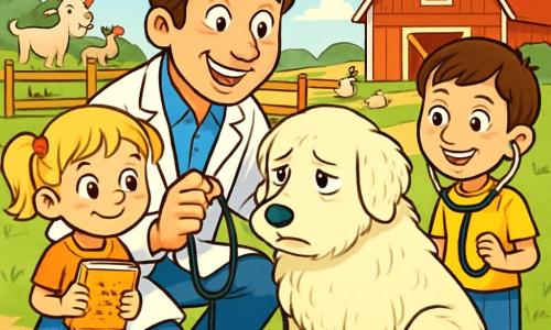 Un uomo, il dottor Marco Alberti, veterinario sorridente di circa quarant'anni, con capelli castani leggermente spettinati e un camice bianco, è accovacciato vicino a un grande cane da pastore maremmano, Nebbia, che sembra triste. Marco ha occhi scintillanti di compassione e tiene uno stetoscopio in mano, pronto ad auscultare il suo amico a quattro zampe. Accanto a lui, una bambina di cinque anni, Lucia, con capelli biondi e due trecce, osserva attentamente, gli occhi spalancati per meraviglia, tenendo un piccolo quaderno da disegno. Un ragazzo di otto anni, Filippo, con capelli castani, si trova un po' in disparte, tenendo uno stetoscopio di plastica e sorridendo, impaziente di aiutare. La scena si svolge in una fattoria soleggiata, circondata da campi verdi, con capre curiose e galline che beccano vicino a un recinto di legno. Sullo sfondo, una vivace stalla rossa si erge sotto un cielo blu punteggiato di nuvole bianche e soffici. Il dottor Marco esamina attentamente Nebbia, che sembra un po' giù, mentre i bambini lo osservano con curiosità e ammirazione, desiderosi di imparare a prendersi cura degli animali.