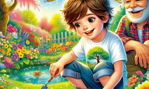 Un ragazzo di 11 anni, Matteo, dai capelli castano chiaro e con occhi scintillanti, è accovacciato in un giardino primaverile. Indossa una t-shirt colorata con un grande albero disegnato sopra e un pantaloncino di jeans. Il suo viso irradia gioia e meraviglia mentre osserva un piccolo ricciolo che si fa strada tra i fiori colorati. Vicino a lui, suo nonno Gianni, un uomo anziano con una barba grigia e un cappello di paglia, sorride mentre tiene una piccola pala e un sacchetto di semi di girasole, pronto a piantare fiori e guardando Matteo con tenerezza. Il giardino è un vero e proprio quadro vivente, pieno di fiori dai colori vivaci, farfalle svolazzanti e un piccolo stagno con girini. La scena rappresenta un momento magico in cui Matteo scopre la bellezza della natura, pronto a piantare semi con suo nonno, simboleggiando l'inizio di una nuova avventura primaverile.