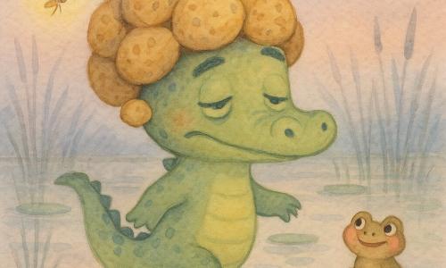 Krok Koek is een kleine zachtgroene krokodil met slaperige ogen en zachte wenkbrauwen, die een grote hoed van ronde gebarsten koekjes draagt; er zit een kruimel in zijn oor en hij loopt traag met een slaperig dansje en wiegende staart. Rechts staat een klein bruin kikkertje met roze wangen op een waterlelie, het lacht ondeugend en piept piep… ploef… terwijl het Krok Koek aankijkt. Links vliegt een minuscuul bleekgeel glimwormpje boven het water en verlicht de scène warm. Het decor is een schemerig moeras in pastelroze en lavendelblauw met fijne rietstengels, zilveren weerspiegelingen op het water, enkele waterlelies en een lage ronde maan. Hoofdsituatie: Krok Koek verkent voorzichtig de oever voordat hij gaat slapen, nieuwsgierig en geamuseerd, terwijl zijn vrienden zachte geluidjes maken en een tedere, komische sfeer scheppen.