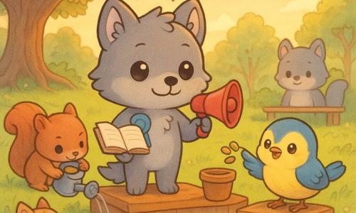 Chibi little wolf with soft gray fur, bright round eyes and a calm smile stands on a small wooden platform holding a red mini-megaphone and an open notebook, wearing a blue ribbon on his chest; to his right a chibi finch with yellow and blue feathers and sparkling eyes stands on a low table offering a small handful of seeds and an earthen pot with a joyful, teaching expression; to his left a mischievous, concentrated chibi red squirrel near a water-pouring demonstration with perforated cups and a metal watering can; the wolf's larger chibi parents stand smiling and proud by a bench in the background while several chibi animal children (kitten, hedgehog, mouse) plant seedlings and watch; the scene is a late-afternoon, sunlit park with a large old oak with exposed roots, a sparkling pond with lily pads, colorful pennant garlands over grassy paths, wooden stalls with seed pots and a visible water-collection barrel; main scene: a warm, active community climate fair where the little wolf speaks into the mic about tree planting and water-saving while children plant seeds and test a rain-collection system.
