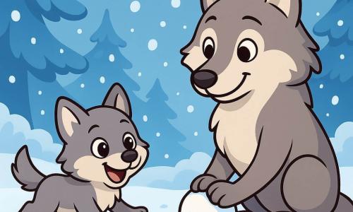 A small wolf with bright eyes and soft gray fur, wearing a joyful and curious expression, plays in the fresh snow, its paws sinking into the white blanket. Next to it, its mother, a large she-wolf with silky fur and warm eyes, tenderly smiles while forming a snowball with her paws. The landscape is a beautiful winter woods, with majestic trees covered in sparkling snow, snowflakes gently falling from the light gray sky, and paw prints in the snow. The scene shows the little wolf laughing and running around its mother as they enjoy themselves in this peaceful and magical world.
