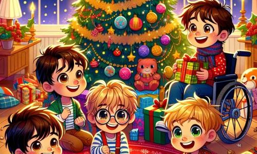 In einem gemütlichen Raum des Kinderheims "Sternenhaus" sind vier Kinder um einen großen geschmückten Weihnachtsbaum versammelt. Max, ein 8-jähriger Junge mit zerzausten braunen Haaren und funkelnden Augen, lächelt fröhlich und hält ein buntes Geschenk. Rechts von ihm schaut Tim, ein 9-jähriger Junge mit blonden Haaren und runden Brillen, erstaunt auf die glitzernden Dekorationen. Links öffnet Luca, ein 7-jähriger Junge mit schwarzen Haaren und strahlendem Lächeln, begeistert ein Geschenk. Schließlich hat Ben, ein 10-jähriger Junge im Rollstuhl mit braunen Haaren und leuchtendem Blick, einen Keks in der Hand und lacht mit seinen Freunden. Der Raum ist mit funkelnden Lichtern, bunten Girlanden und einem großen roten Teppich geschmückt. Geschenke in allen Größen sind um den Baum verteilt, während ein süßer Duft von Weihnachtsplätzchen in der Luft liegt. Die Hauptsituation zeigt die Kinder, die mit Staunen die Geschenke entdecken, ihre Gesichter erleuchtet von der Magie von Weihnachten, während sie gemeinsam lachen und Freude teilen.
