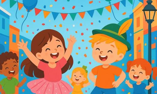 There are two main characters: Mia, a 6-year-old girl with long brown hair, wearing a shiny pink tutu and sparkling shoes, joyfully dancing with her arms raised; and Leo, a 6-year-old boy with messy blonde hair, wearing a green hat with a yellow feather, jumping and smiling with his hands on his hips. The main setting is a busy street during the carnival, filled with colorful decorations. Balloons float in the blue sky, multicolored paper garlands hang from streetlights, and confetti falls like snowflakes. Friends are laughing and dancing around them. The main situation shows Mia and Leo dancing together at the carnival, surrounded by friends, with bright smiles and vibrant colors all around, having fun catching falling confetti, creating a joyful and festive atmosphere.