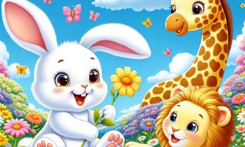 Un coniglio bianco e peloso, di nome Nino, con grandi orecchie e un piccolo naso che trema, salta felicemente in un campo di fiori colorati, il suo viso splendente di gioia ed eccitazione. Accanto a lui, una giraffa di nome Gilda, con un lungo collo e macchie dorate sul suo manto, sorride allungandosi per prendere un fiore, mentre un leone curioso, Leo, con una criniera dorata e occhi scintillanti, osserva la scena divertito. Il luogo è un magnifico parco, pieno di fiori vivaci sotto un cielo azzurro punteggiato di nuvole soffici. La scena principale mostra Nino e i suoi amici mentre giocano insieme, ridendo e correndo tra i fiori, mentre farfalle colorate danzano intorno a loro, creando un'atmosfera gioiosa e ludica.