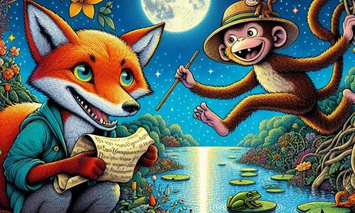 Uma raposa de pelagem brilhante, com olhos cintilantes de curiosidade e um largo sorriso travesso, está no centro da imagem, segurando um velho papel amassado com suas patas. Ao lado dela, um macaco travesso, usando um chapéu de palha e com um palito de bambu na boca, salta alegremente, com os braços levantados. Ao fundo, um bonito lago brilha sob a luz da lua, cercado por rios de flores coloridas e círculos de espinhos, enquanto rãs cantam sobre nenúfares. A cena transmite uma atmosfera de aventura e mistério, enquanto a raposa e o macaco se preparam para descobrir o tesouro escondido, rodeados de risadas e magia.
