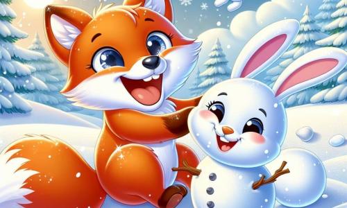 Una piccola volpe dal pelo arancione vivo, con una coda folta e occhi scintillanti di gioia, sta rotolando nella neve, ridendo di felicità. Vicino, una piccola coniglietta con il pelo bianco e grandi orecchie, con un sorriso radioso, costruisce un pupazzo di neve usando rami e sassi. Il paesaggio è un magnifico scenario invernale, con alberi coperti di neve scintillante, un cielo blu chiaro e fiocchi di neve che cadono dolcemente. La scena mostra l'amicizia e la gioia dei due personaggi mentre si divertono insieme in questo inverno magico.
