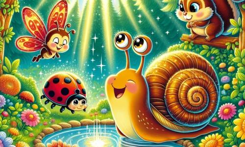A little snail named Sammy, with a spiral shell in shades of brown and yellow, stands at the edge of a sparkling magical pond, his big eyes shining with excitement and curiosity. Next to him is a charming ladybug named Lucy, with her red wings dotted with black, joyfully flying around him, smiling and full of energy. A mischievous squirrel named Charlie, with brown fur and sparkling eyes, is perched on a tree branch, watching the scene with a playful grin. The pond is located in the heart of an enchanted forest, surrounded by colorful flowers with bright petals, tall trees with lush green leaves, and rays of sunlight filtering through the foliage, creating a magical atmosphere. Sammy, Lucy, and Charlie stand before the shimmering water, ready to make a wish, their hearts beating with anticipation and friendship.