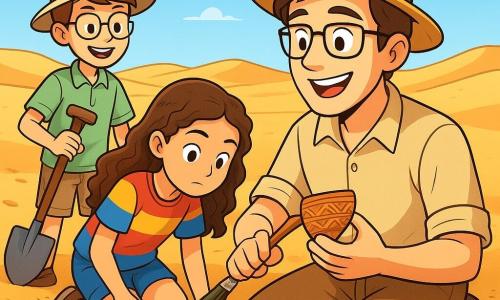 Um arqueólogo, Miguel, na casa dos trinta anos, com cabelo castanho e óculos, está sentado no chão do deserto, com um sorriso de excitação no rosto. Ele usa uma camisa bege e um chapéu de palha, segurando um pincel em uma mão e um pedaço de cerâmica na outra, admirando sua descoberta. Ao seu lado, uma menina de 12 anos, Sofia, com cabelos longos e cacheados, usa uma camiseta colorida e um short. Ela está de joelhos, observando atentamente o chão, com um olhar curioso e concentrado. Um garoto de 11 anos, Lucas, com óculos e um chapéu de safari, está em pé atrás deles, segurando uma pá e sorrindo, pronto para ajudar. O cenário é um vasto deserto dourado, com dunas sob um céu azul brilhante. Pegadas na areia levam ao local da escavação, onde ferramentas arqueológicas estão espalhadas. A cena principal mostra Miguel e seus jovens assistentes descobrindo um antigo pedaço de cerâmica, cercados por areia fina, com o vento levantando alguns grãos ao redor, criando uma atmosfera de exploração e descoberta.